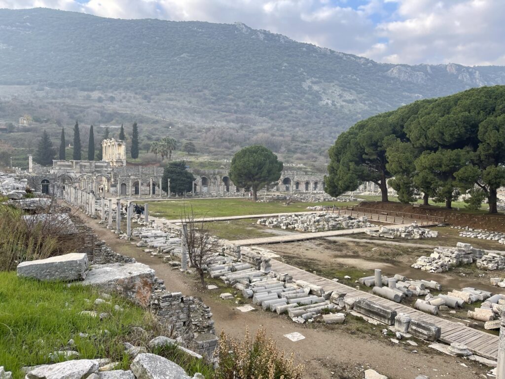 Ephesus archaeological site with mountains as the backdrop